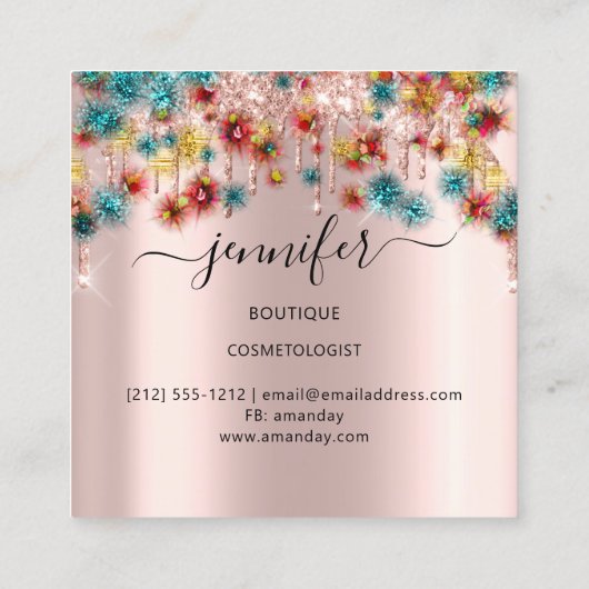 プロフェッショナルブティックショップバラ紙吹雪ティール（緑がかった色） スクエア名刺 (裏面)