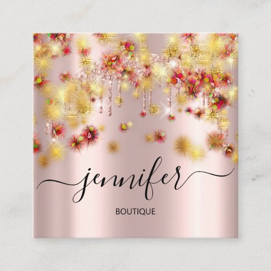 プロフェッショナルブティックショップバラ紙吹雪ドリップ金ゴールド スクエア名刺 (正面)