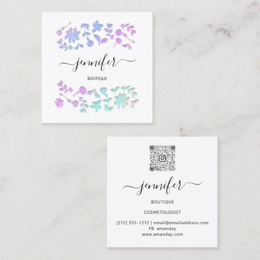 プロフェッショナルブティックショップフローラホワイトピンク スクエア名刺 (正面/裏面)