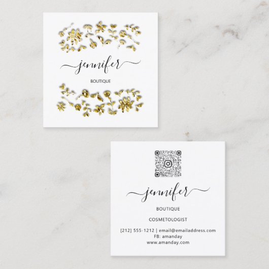 プロフェッショナルブティックショップフローラ白黒金ゴールド スクエア名刺 (正面/裏面)