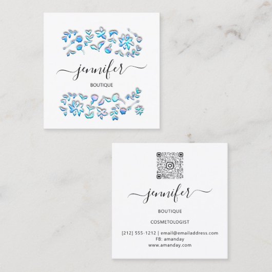 プロフェッショナルブティックショップホログラフィスブルーホワイト スクエア名刺 (正面/裏面)