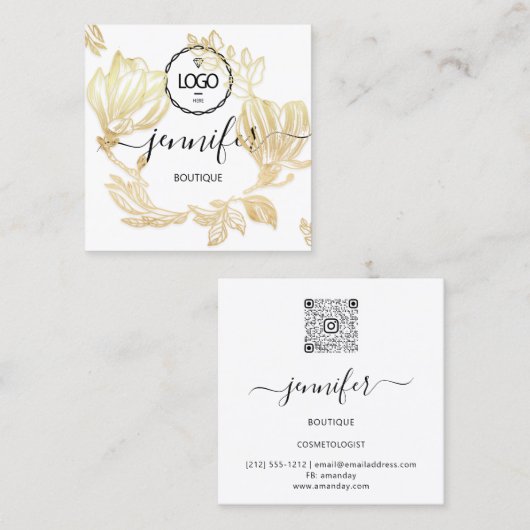 プロフェッショナルブティックショップ金ゴールドフラワーズQRロゴ スクエア名刺 (正面/裏面)
