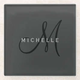 プロフェッショナルブラックモノグラムグレイあなたの名前 ガラスコースター