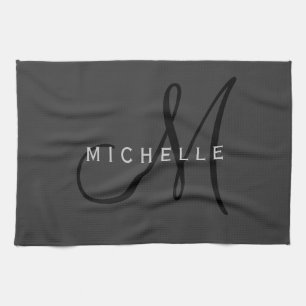 プロフェッショナルブラックモノグラムグレイあなたの名前 キッチンタオル