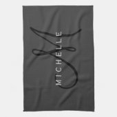 プロフェッショナルブラックモノグラムグレイあなたの名前 キッチンタオル (縦)