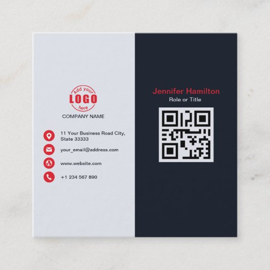 プロフェッショナルブラック赤ロゴQRコードの追加 スクエア名刺 (正面)