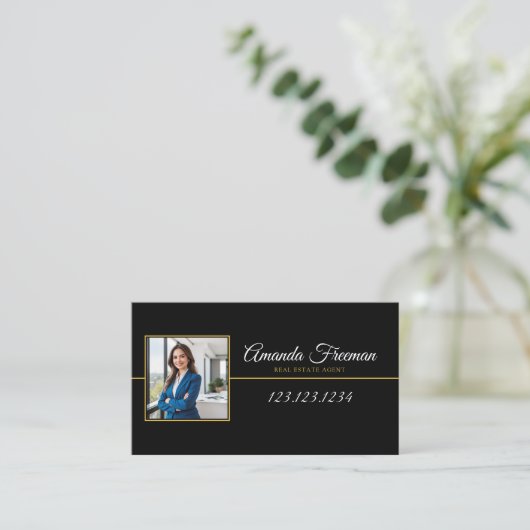 プロフェッショナルブラック&金ゴールドフォト実在エステートエージェント 名刺 (スタンド正面)