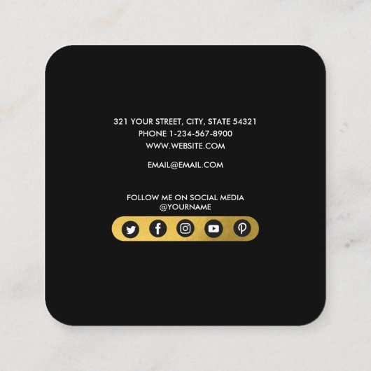 プロフェッショナルブラック&金ゴールドミニマリストソーシャルメディア スクエア名刺 (裏面)