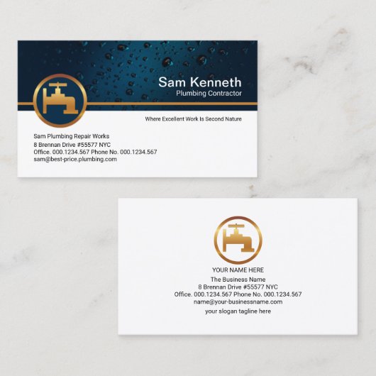 プロフェッショナルブルーウォータードロップ金ゴールド水栓配管機 名刺 (正面/裏面)