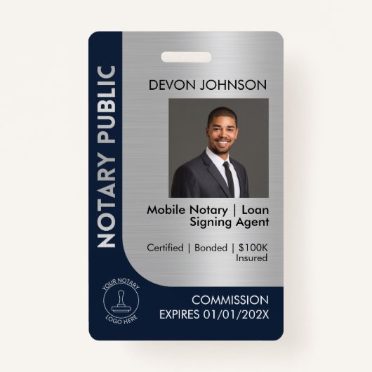 プロフェッショナルブルーシルバー公証人ロゴ写真QRコード バッジ (正面)