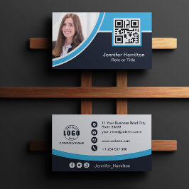 プロフェッショナルブルー追加ロゴQRコードフォト 名刺