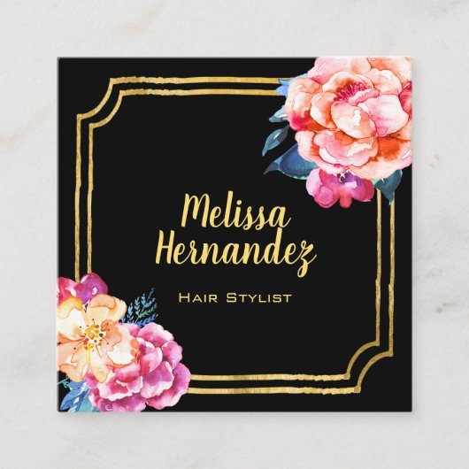 プロフェッショナルヘアスタイリストフローラピンクブラック金ゴールド スクエア名刺 (正面)