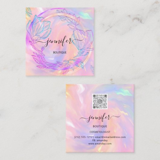 プロフェッショナルホログラフピンクフローラQRコードロゴ スクエア名刺 (正面/裏面)