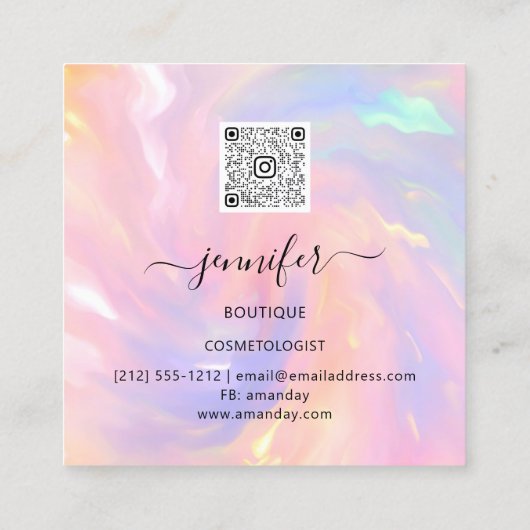 プロフェッショナルホログラフピンクフローラQRコードロゴ スクエア名刺 (裏面)