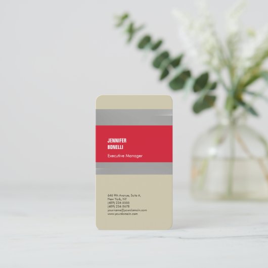 プロフェッショナルミニマモダンリスト赤灰色プレーン 名刺 (スタンド正面)