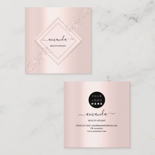 プロフェッショナルミニマリスムフレームピンクローズグリッター スクエア名刺 (正面/裏面)