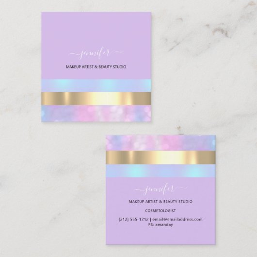 プロフェッショナルミニマリズムストライプのバイオレットホログラフィック スクエア名刺 (正面/裏面)