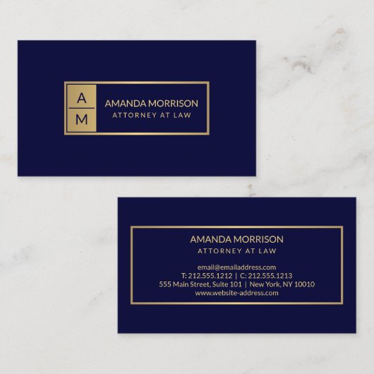 プロフェッショナルミニマルモノグラム金ゴールド/ネイビー弁護士 名刺 (正面/裏面)