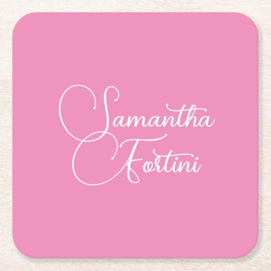 プロフェッショナルミニマル手書き名ピンク スクエアペーパーコースター (正面)
