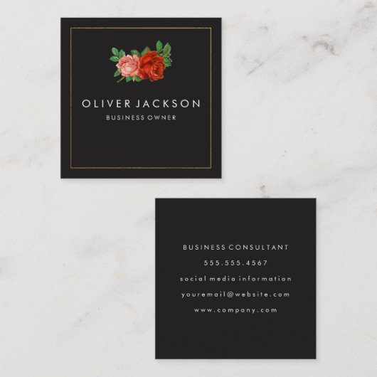 プロフェッショナルミニマル縁ど金ゴールドエレガントバラ スクエア名刺 (正面/裏面)