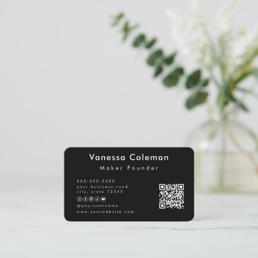 プロフェッショナルミニマルQrコードブラックビジネスカード 名刺 (スタンド正面)