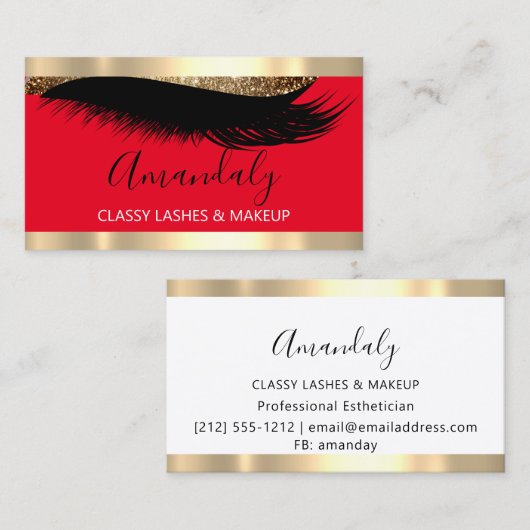 プロフェッショナルメイクアップアーティストアイラッシュ金ゴールドホワイトレッド 名刺 (正面/裏面)