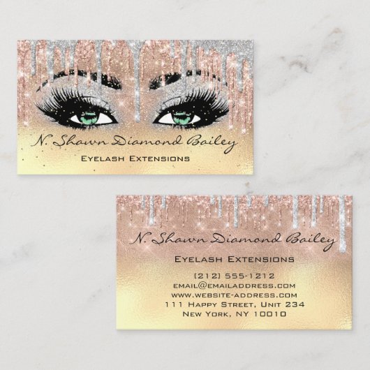 プロフェッショナルメイクアップアーティストグリーンアイドラッシュブルー金ゴールド 名刺 (正面/裏面)