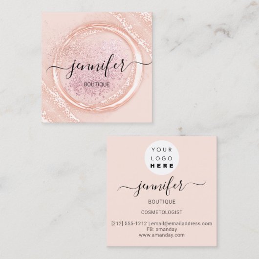 プロフェッショナルメイクアップアーティストバラピンクパウダーロゴ スクエア名刺 (正面/裏面)