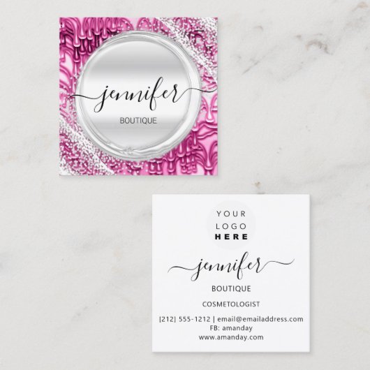 プロフェッショナルメイクアップアーティストピンクシルバーグレーロゴ スクエア名刺 (正面/裏面)
