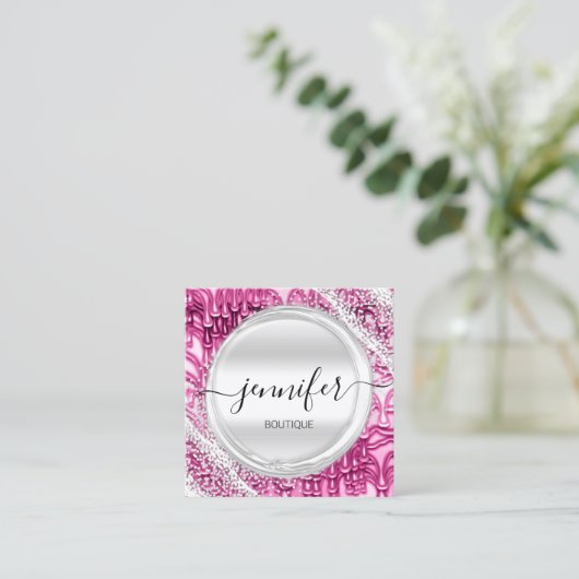 プロフェッショナルメイクアップアーティストピンクシルバーグレーロゴ スクエア名刺 (スタンド正面)