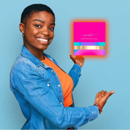 プロフェッショナルメイクアップアーティストホログラフィックブルーピンク スクエア名刺