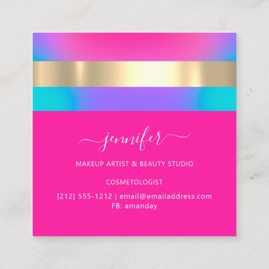 プロフェッショナルメイクアップアーティストホログラフィックブルーピンク スクエア名刺 (裏面)