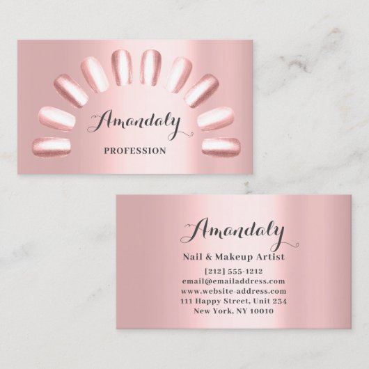 プロフェッショナルメイクアップアーティスト爪、 ネイルマニキュアピンクVIP 名刺 (正面/裏面)