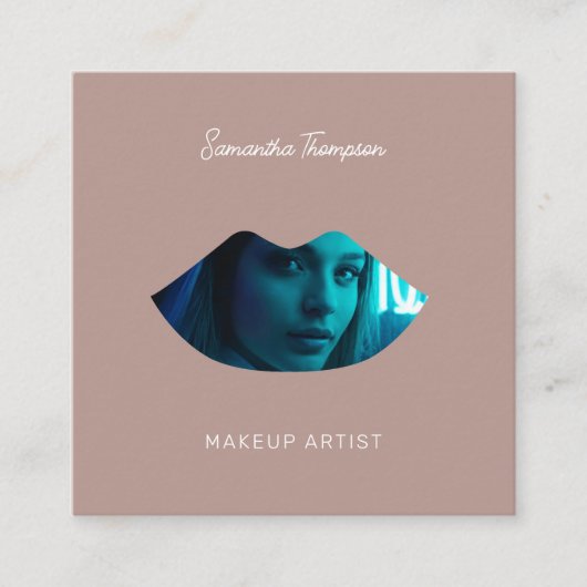 プロフェッショナルメイクアップアーティスト2フォトリップピンク スクエア名刺 (正面)