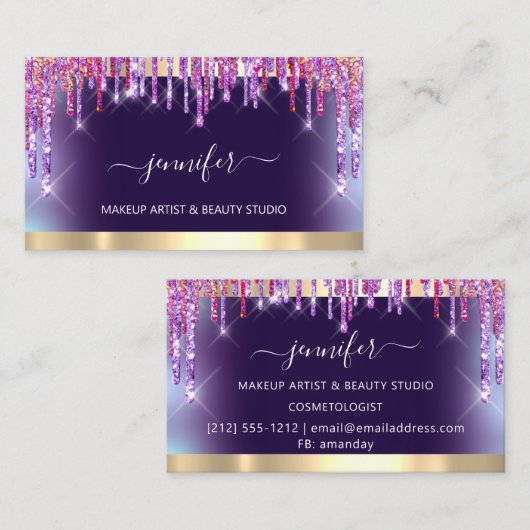 プロフェッショナルメイクアップアーティスト。オンブレ金ゴールドパープルドリップ 名刺 (正面/裏面)