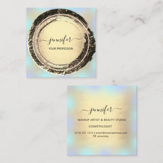 プロフェッショナルメイクアップブルー金ゴールドスクエアモダン スクエア名刺 (正面/裏面)