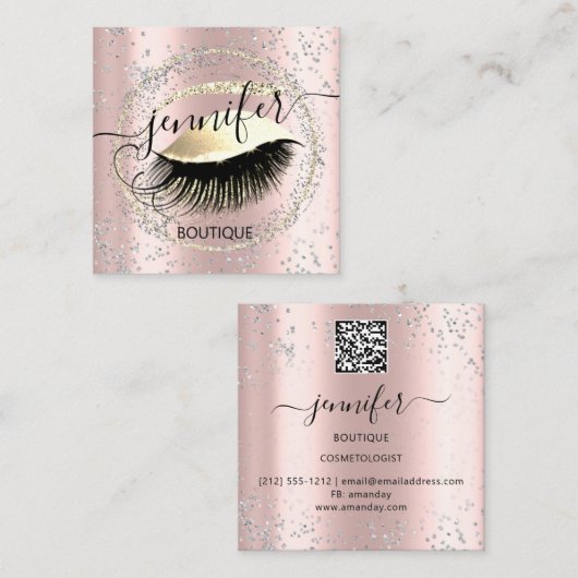 プロフェッショナルメイクアップラッシュショップQRコードシルバー金ゴールド スクエア名刺 (正面/裏面)