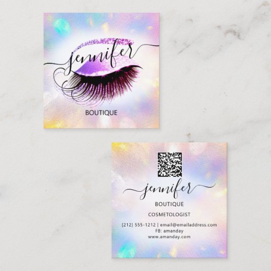 プロフェッショナルメイクアップラッシュQRコードホログラフィックピンク スクエア名刺 (正面/裏面)
