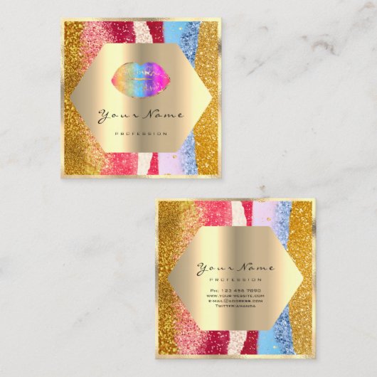 プロフェッショナルメイクアップ金ゴールドグリッターレインボーリップキス スクエア名刺 (正面/裏面)