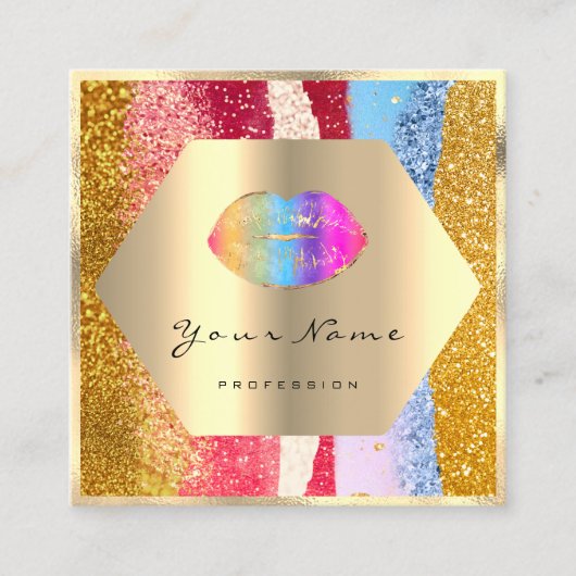プロフェッショナルメイクアップ金ゴールドグリッターレインボーリップキス スクエア名刺 (正面)