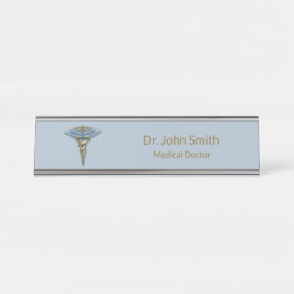 プロフェッショナルメディカル素晴らしライトブルー金ゴールドカドゥセウス デスクネームプレート