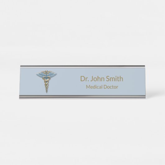 プロフェッショナルメディカル素晴らしライトブルー金ゴールドカドゥセウス デスクネームプレート (正面)