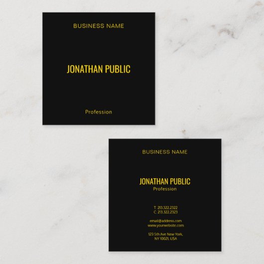 プロフェッショナルモダンエレガント金ゴールドフォントブラック スクエア名刺 (正面/裏面)