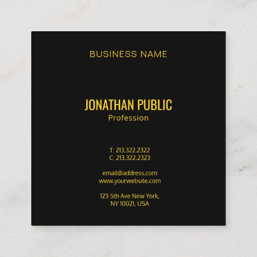 プロフェッショナルモダンエレガント金ゴールドフォントブラック スクエア名刺 (裏面)