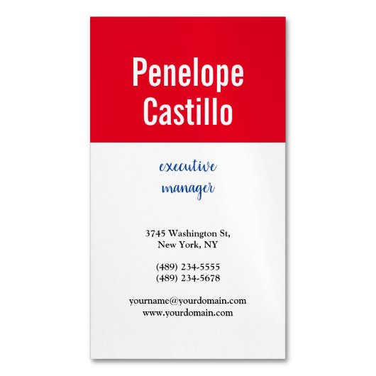 プロフェッショナルモダンシンプル平青レッドホワイト マグネット名刺 (正面縦)