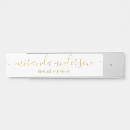 プロフェッショナルモダンスクリプトの白と金ゴールド サインプレート (正面)