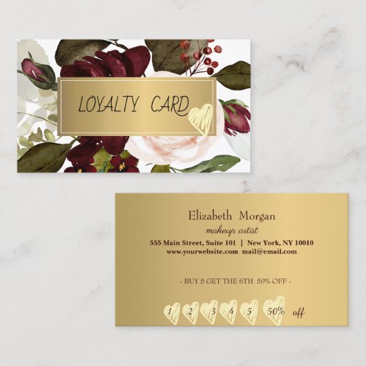 プロフェッショナルモダンフレーム、ハート、ブルゴーニュの花 ロイヤリティカード (正面/裏面)