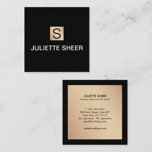 プロフェッショナルモダンブラック金ゴールドモノグラムスクエア スクエア名刺 (正面/裏面)