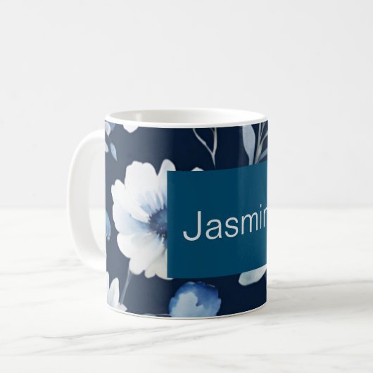 プロフェッショナルモダンミニマル青フローラ名 コーヒーマグカップ (正面左)