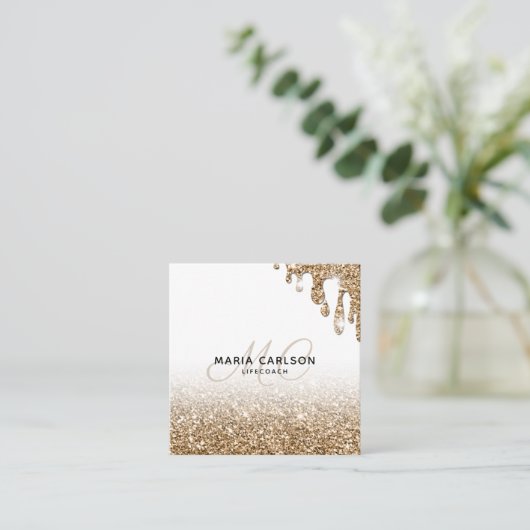 プロフェッショナルモダンモノグラム輝く金ゴールド乾燥 スクエア名刺 (スタンド正面)